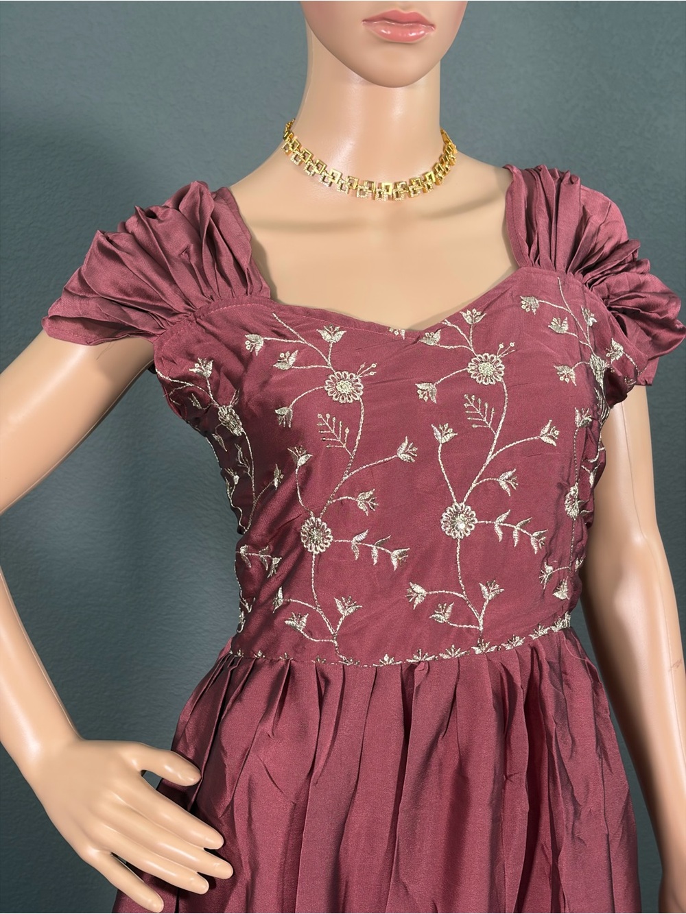 Brand new Elegant Burgundy Embroidered Evening Dress for women,Bust - L up to XL